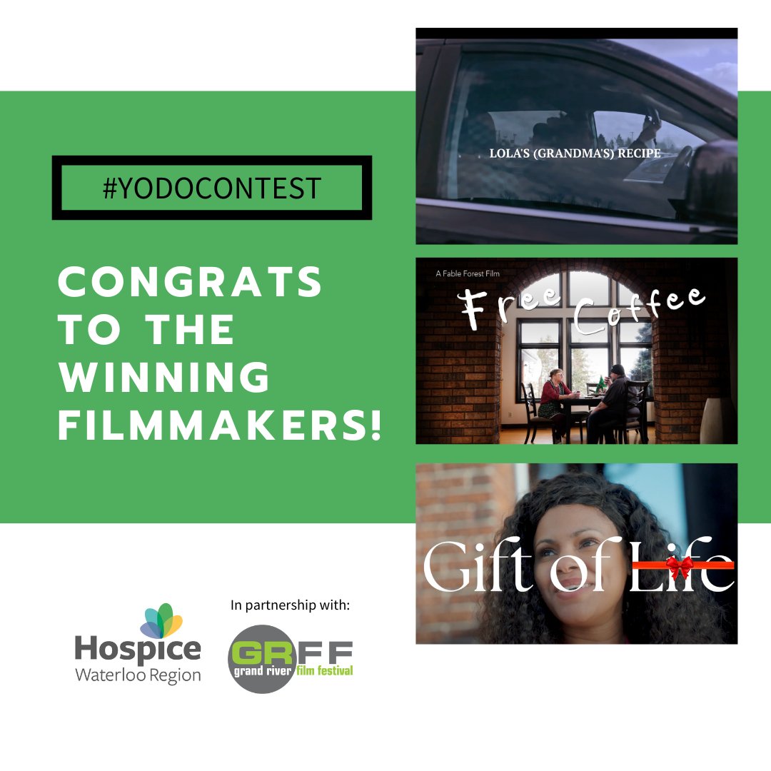 HospiceWaterloo's tweet photo. We are proud to once again be partnering with #GRFF, which will be screening the winning films from our 3rd annual #YODOContest!
You can watch them:
👉 May 9, before the screening of And Still I Sing
👉 May 13, before the screening of The Young Arsonists
https://t.co/q7QTMUP0yP https://t.co/XRdaCBcGca