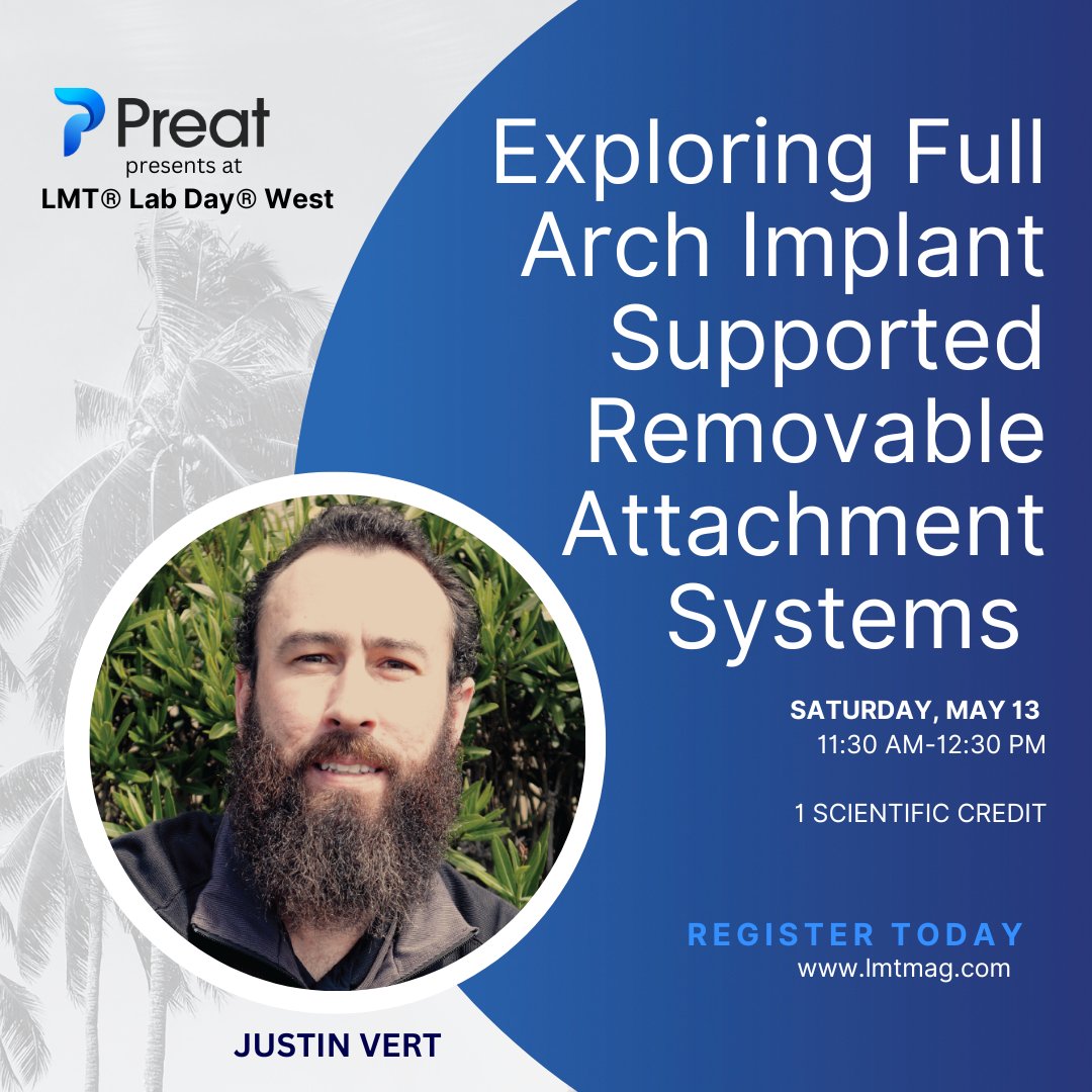 Don't miss Justin's seminar at Lab Day West on removable attachment treatment options—including LOCATOR® systems, Clix, O-ring and Equator—covering pros and cons and tips and tricks as well as the potential for a digital workflow. 

Register at lmtmag.com/seminars/explo…