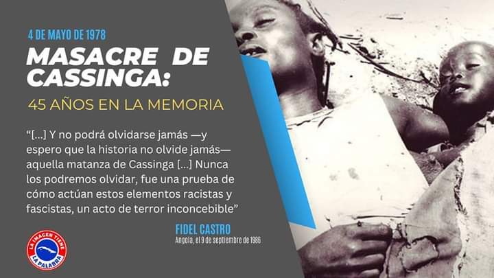 #TenemosMemoria

Este #4Mayo recordamos en su 45 aniversario la Masacre de Cassinga uno de los crimenes más brutales cometidos por las tropas racistas sudafricanas en la Guerra de Angola.

#CubaViveEnSuHistoria
#Redbeldes

📷 (<a href="/imagen_palabra/">La Imagen Tiene la Palabra</a>)