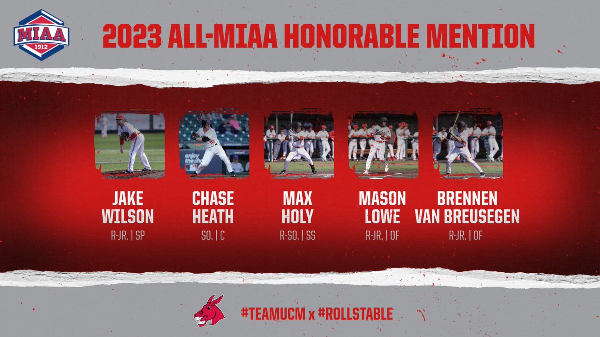 Mules_Baseball's tweet photo. Congratulations to our five 2023 All-@TheMIAA Honorable Mention selections!

- Jake Wilson (SP)
- Chase Heath (C)
- Max Holy (SS)
- Mason Lowe (OF)
- Brennen van Breusegen (OF)

#teamUCM x #RollStable https://t.co/dWcamdrSyb