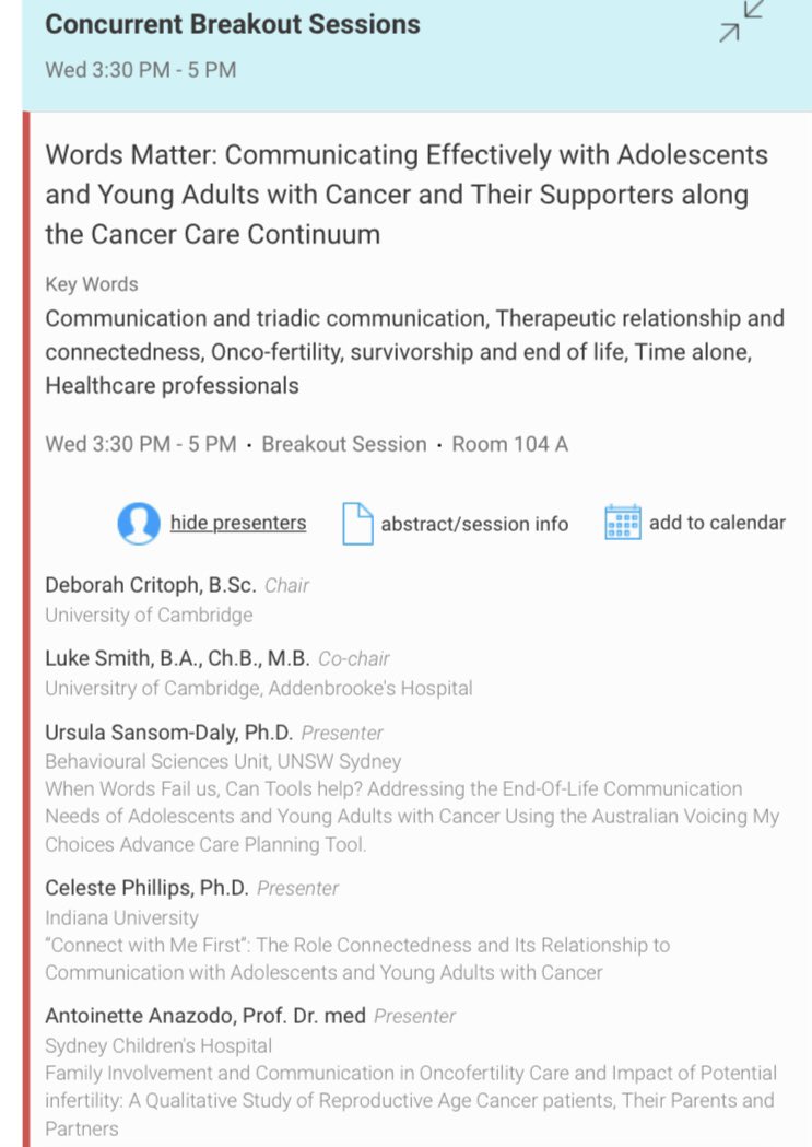 5th Global AYAC Congress. Come to our symposium -Words Matter: Communicating Effectively with Adolescents and Young Adults with Cancer and Their Supporters along the Cancer Care Continuum
Wednesday 21st June 3.30-5.00
<a href="/LukeAMSmith/">Luke Smith</a> <a href="/usansomdaly/">Ursula Sansom-Daly, PhD</a> <a href="/drceleste_AYA/">Celeste Phillips, PhD, RN</a>