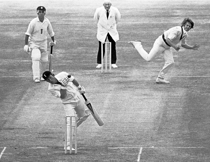 This remains one of my favourite Patrick Eagar pictures ever since I saw it in The Cricketer - Dennis Amiss just avoids a Jeff Thomson thunderbolt, England v Australia, 2nd Test, Old Trafford, July 12th 1977. It was Amiss' last Test - he finished 28* as England won by 9 wickets