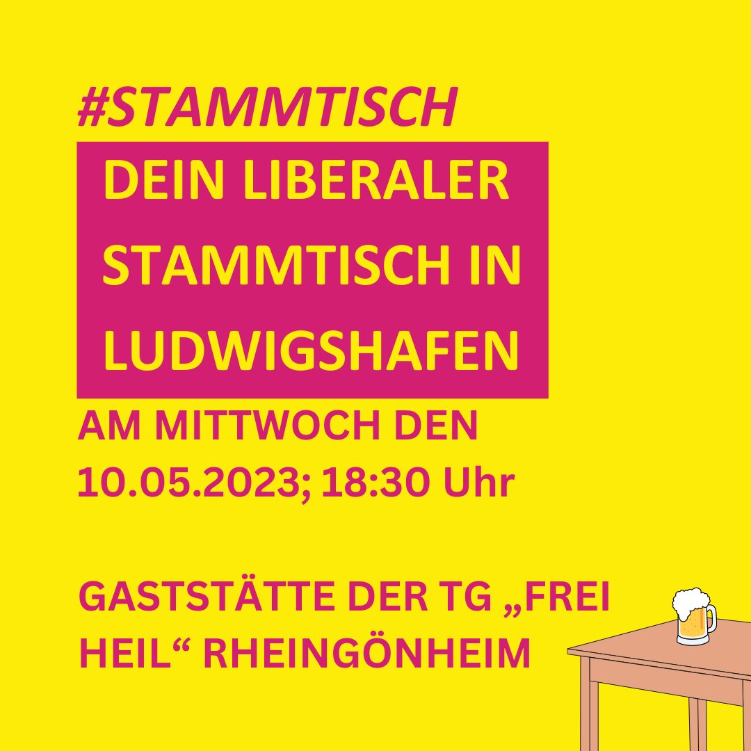 FDP_LU's tweet photo. Veranstaltungsort: Gaststätte der TG "Frei Heil" Rheingönheim
Hoher Weg 29, 67067 Ludwigshafen
Termin: Mittwoch, 10.05.2023 um 18:30 Uhr
Interessierte Bürger*innen sind herzlich willkommen.
#fdp #liberal #fdplu #fdpludwigshafen #freiedemokraten #stammtisch https://t.co/t9VPcpCCe2