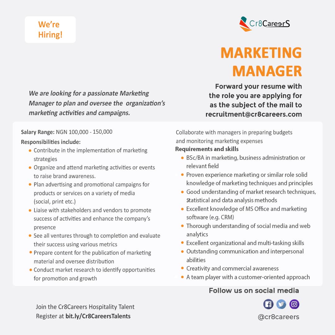 We are looking to employ a #marketingmanager to plan and oversee an organisation marketing activities and campaigns. 
.............................
#wearehiring #nowhiring #marketers #marketer #marketing #marketingjob #Marketing #recruitment #recruiting #hiring #jobsinnigeria