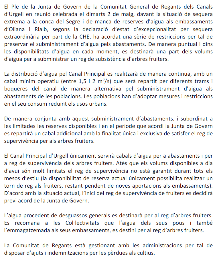 Canals_Urgell's tweet photo. COMUNICAT DE LA JUNTA DE GOVERN DELS CANALS D’URGELL https://t.co/TjhmuJ7hFH