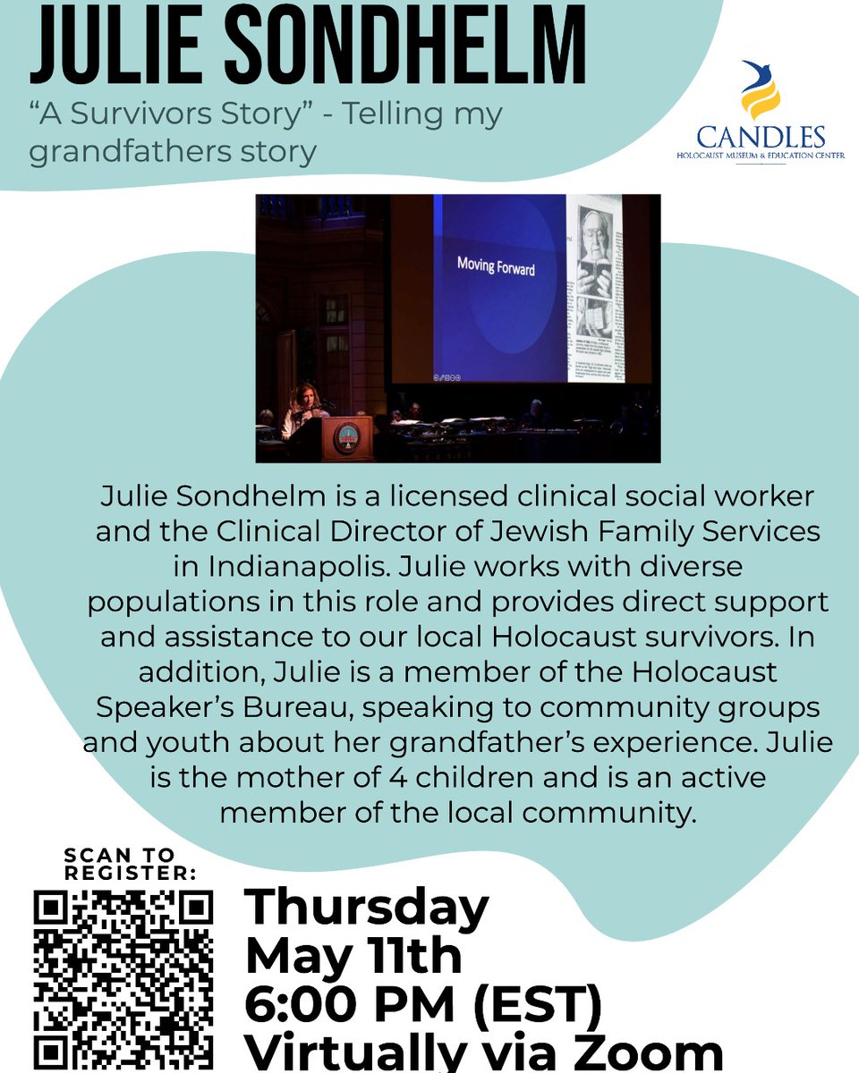 Join us virtually next Thursday, May 11th at 6 PM (EST) for an exciting program as Julie Sondhelm discusses her grandfather's experience during the Holocaust. Scan the QR code or sign up here: us06web.zoom.us/webinar/regist…