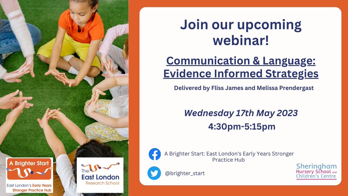 brighter_start's tweet photo. 🧠Communication and Language Webinar🧠- By @Flissej and @melissapren 
🗓️Wednesday 17th May 2023 from 4:30pm-5:15pm

Sign up here👉:
https://t.co/f8lVCdTSmF…

@ncbtweets @gillholdenEY 

#StrongerPracticeHub  #eastlondonsearlyyearsstrongerpracticehub #earlyyears https://t.co/BEbfaqkDfL