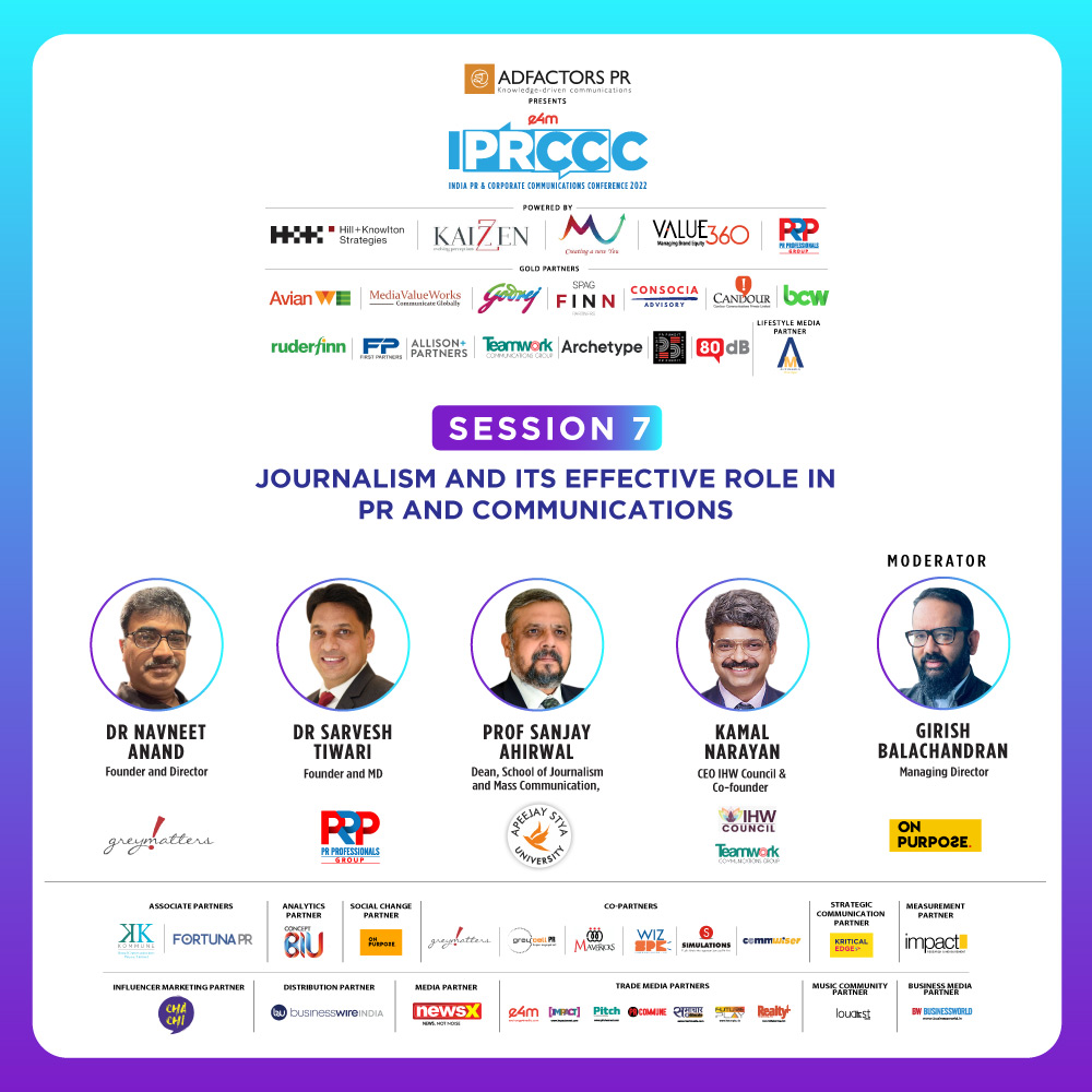 e4mevents's tweet photo. Introducing our seventh speaker panel for the 13th edition of e4M IPRCCC 2022

https://t.co/0afZJqPEwy

Topic - Journalism and its effective role in PR and communications

5:10 PM - 5:45 PM 

#e4mIPRCCC #e4mPRCorpComm #e4mevents #e4mPRSummit https://t.co/gXV7VXJeI3