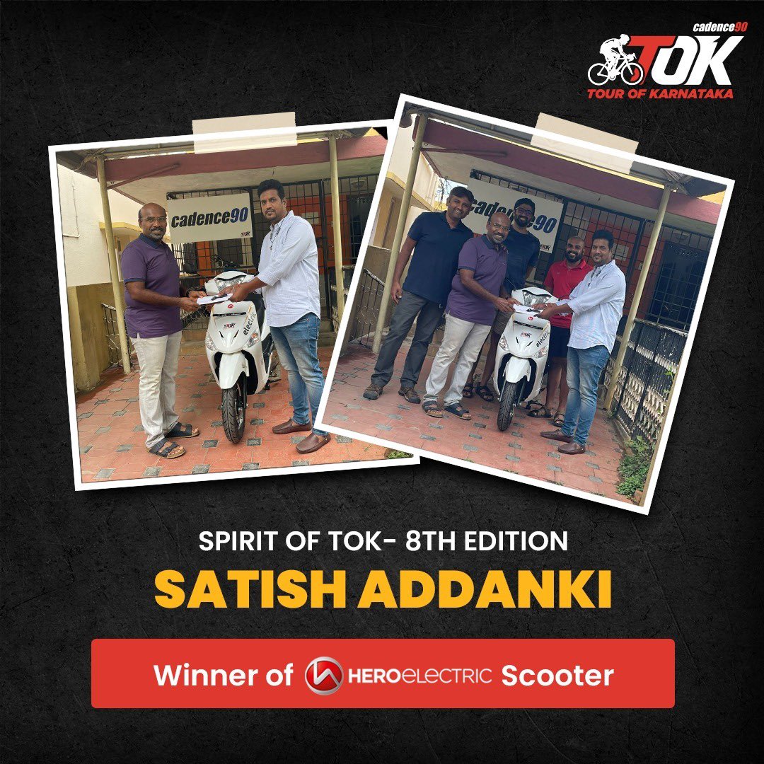 The Spirit of TOK - 8th Edition winner who was nominated unanimously by the people involved with TOK receives his brand new Hero Electric scooter. We could not be more happy for Satish.
Enjoy the green ride. 

#Tourofkarnataka #TOK8 #Cadence90 #Spiritoftok #Winner #HeroElectric