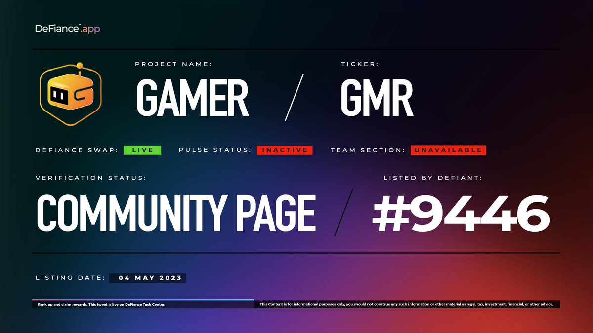 DeFiance_App's tweet photo. .@GMRCenter community page is now live on https://t.co/4rX9nEfm7N
$GMR is now listed on #DeFianceSwap.
GMR was created to formulate a sustainable synergy between blockchain technology and the gaming industry.
Learn more at https://t.co/Po9uikunCd.
#GAMERCenter #DeFianceApp https://t.co/KGAXPW6q3m