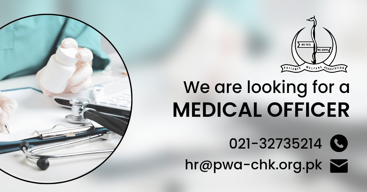 pwachk's tweet photo. Patients' Welfare Association is urgently looking for a competent and efficient doctor for the post of Medical Officer for its Thalassemia Daycare Centre.
Experience in Pediatrics is preferred.
Send your CVs at:
hr@pwa-chk.org.pk

#MedicalOfficer 
#PWA_CHK #PWA 
#WeFeel #WeServe https://t.co/15fCYfAbk9