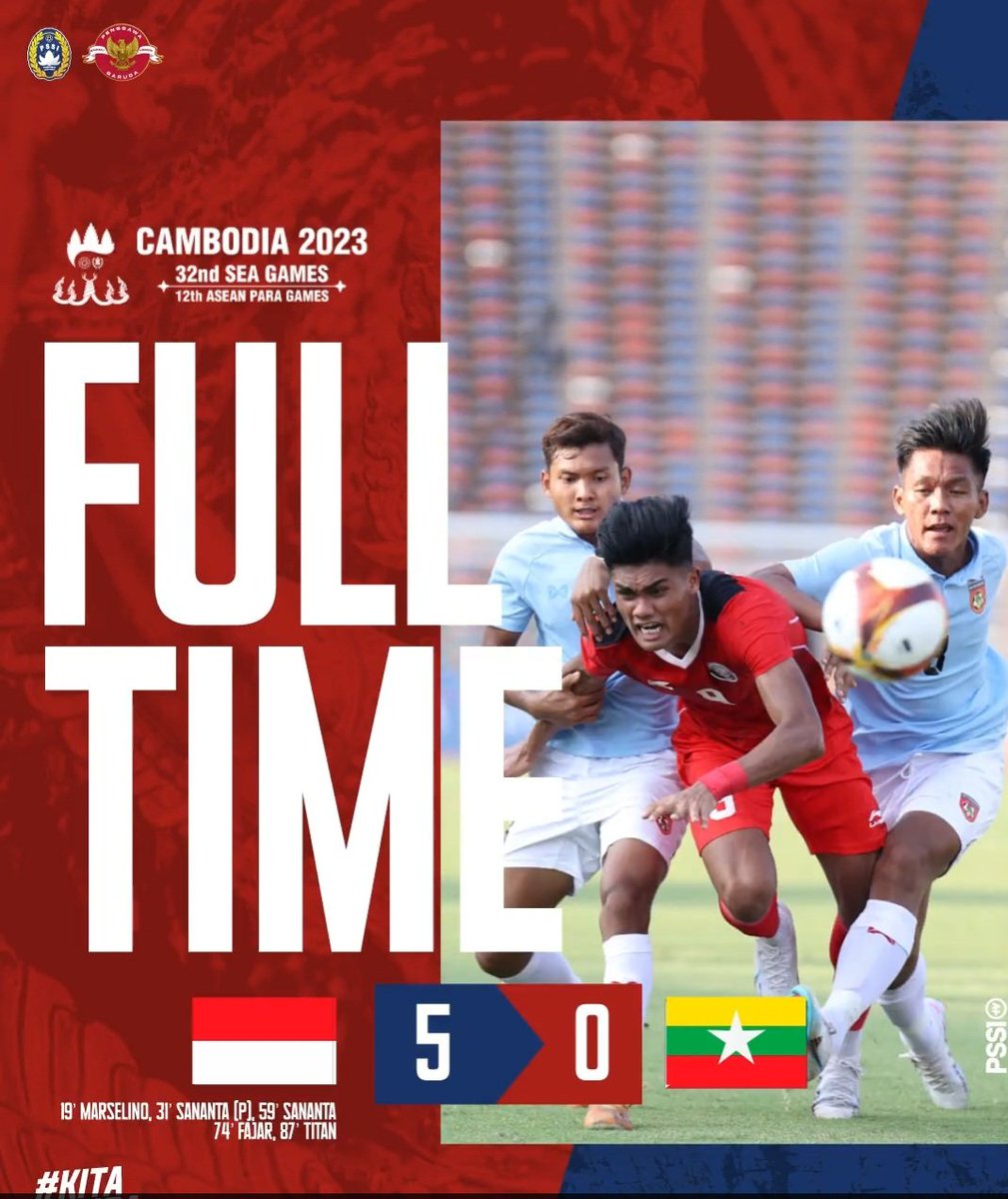 AFFPresse's tweet photo. SEA Games 2023 - Men's Football - Group A - FULLTIME RESULT 

Indonesia 5-0 Myanmar

#AFF
Graphic Courtesy #PSSI
#2023SEAG https://t.co/2T9kLvH7Wo