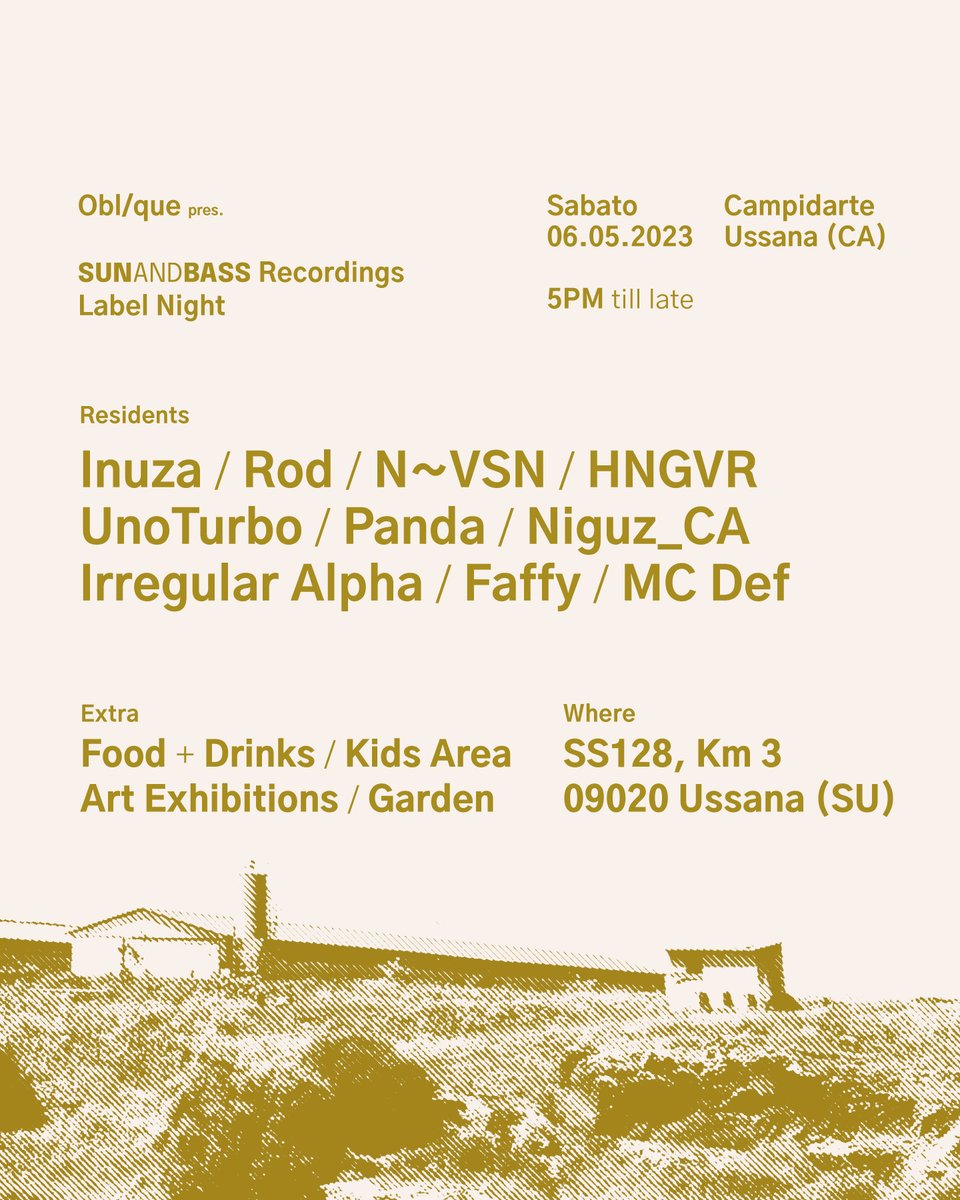 sunandbass's tweet photo. Get ready for the first SUNANDBASS Recordings party of the year, specially for our Sardinian family. With special SAB Recordings guests and a solid line-up in the beautiful Sardinian Agriturismo scenario; it's set to be a beautiful night! Tix available on the door only ⛱ https://t.co/hK6wat8ImN