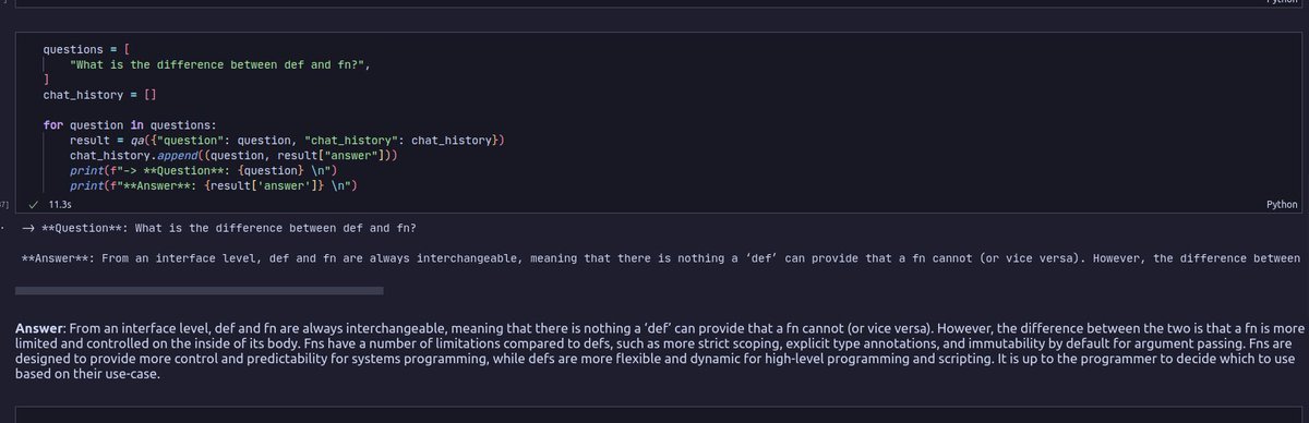 ngmisl's tweet photo. Prototyped a Q&amp;A for @Modular_AI's #mojo programming manual using @langchain, @OpenAI, and @activeloop.

#lagnchain #openai #activeloopai

Code ⤵️ https://t.co/dSEaMe4Kwv