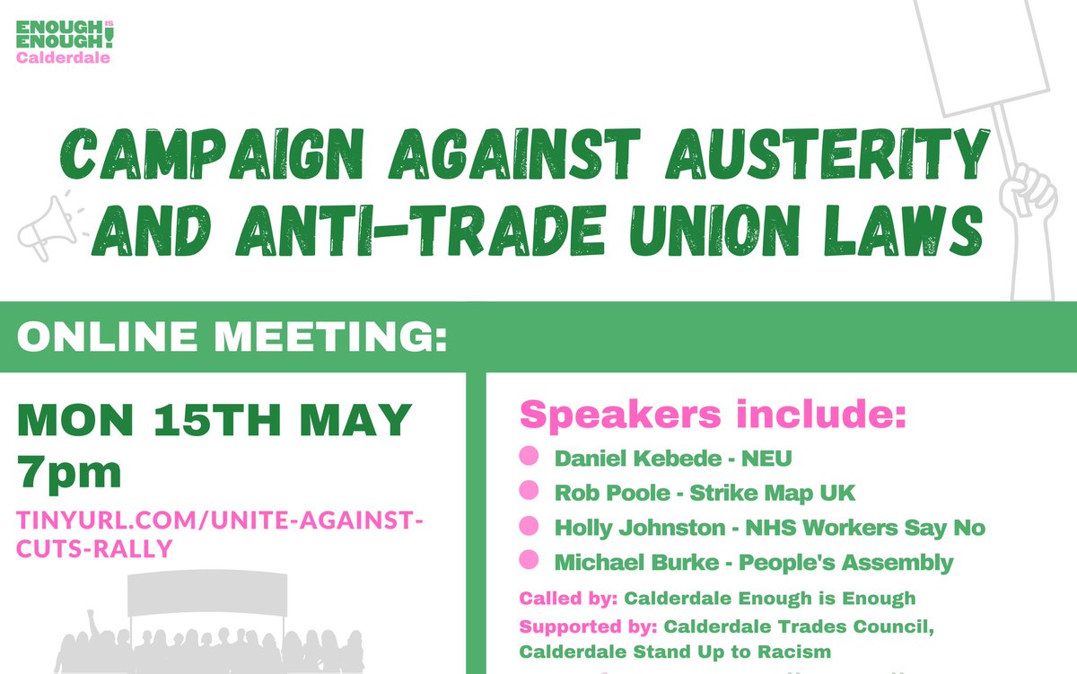 Find out how we can fight austerity and attacks on trade unions. Join us on the 15th with speakers from the NEU, NHS Workers Say No, Strike Map and People's Assembly
#EnoughIsEnough #CostOfLivingCrisis #NHSpayrise #SaveOurSchools #RightToStrike
eventbrite.co.uk/e/unite-agains…