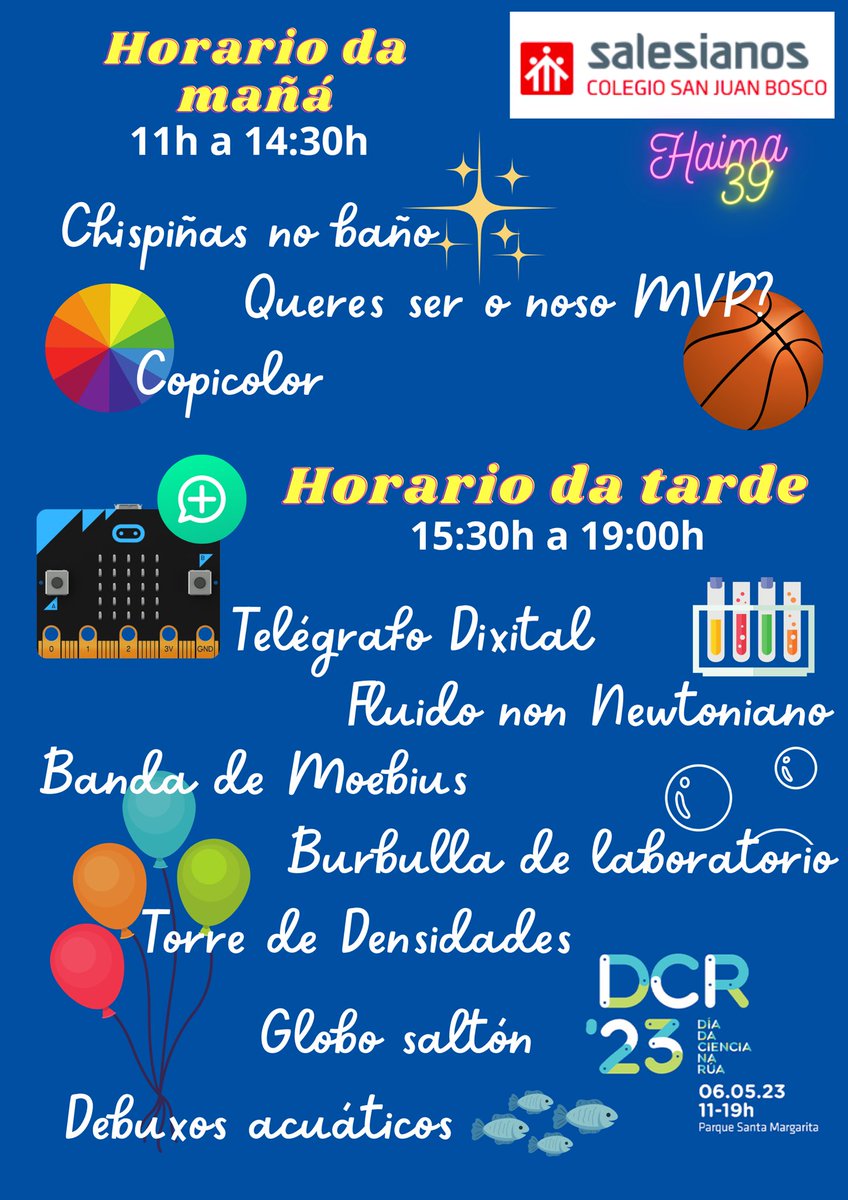 salescoruna's tweet photo. DÍA DA CIENCIA NA RÚA o vindeiro sábado 6 de maio no parque de Santa Margarita. Agardámoste para que veñas probar, desfrutar e aprender co noso alumnado @mc2coruna #telollevas #noesmagiaesciencia https://t.co/go9AxuMhx1