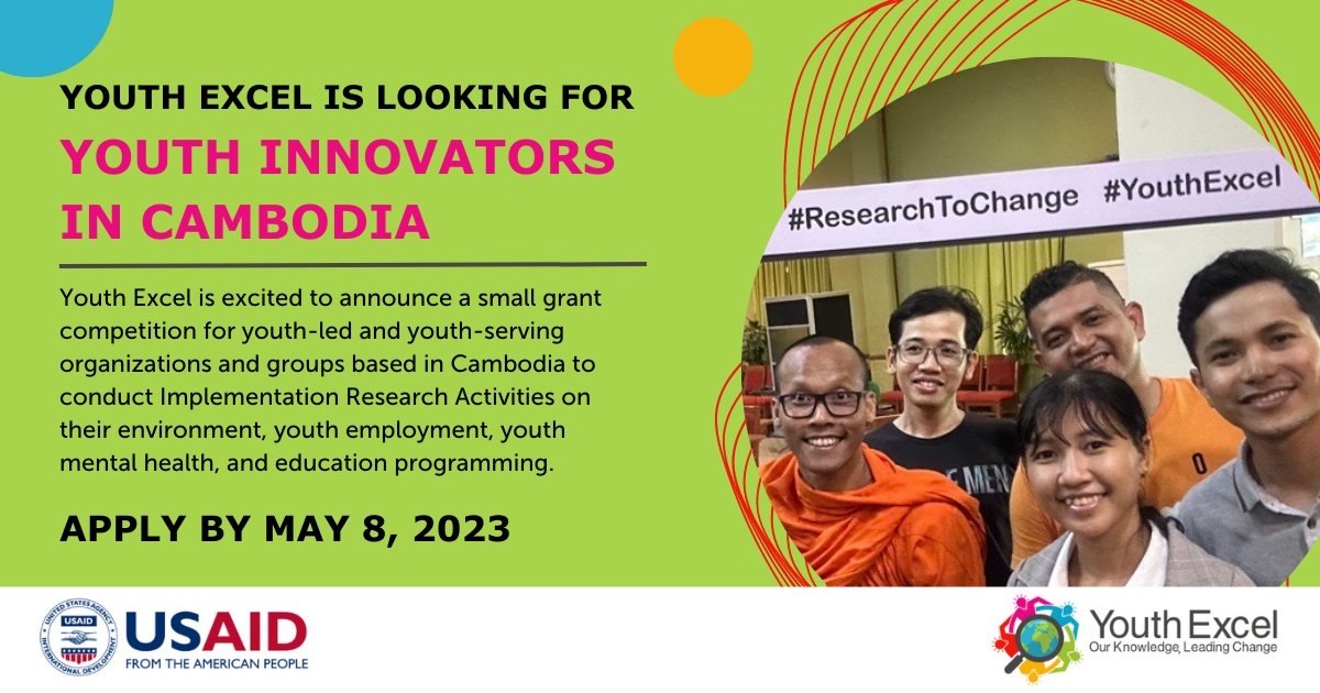 ExcelYouth's tweet photo. Deadline is TODAY!
Apply for #YouthExcel’s #Cambodia Small Grant Competition here: https://t.co/M5XFJmzcwV
#USAID #ResearchtoChange #YEGrantCompetition #YEemployment #YEMentalHealth #YEEducationProgramming https://t.co/aW1M3Cu0Mw