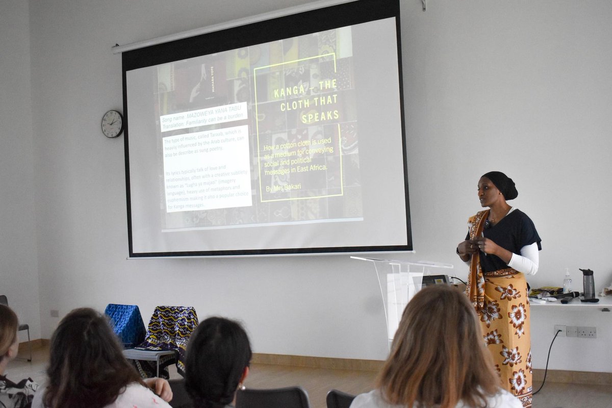 NLCSDubai's tweet photo. Our weekly #NicholsonLecture was delivered by Mrs Bakari on the history and culture of Kanga cloth. Attendees were enthralled to learn how textiles have been and continue to be used by East African communities to convey messages, meaning and emotions to others.
#NLCSDubai https://t.co/lzqf1eQwp5