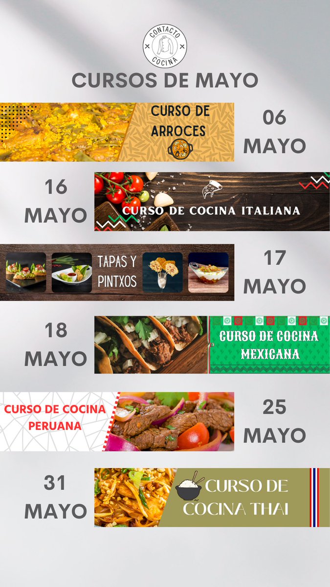 Estos son nuestros cursos de Mayo 🔥

¡Anímate a la cocina con estos ricos platos en <a href="/contactococina/">Contacto Cocina</a> !

Más Info en: contactococina.com/calendario/202…

#cursosdecocina #recetas #cocina
