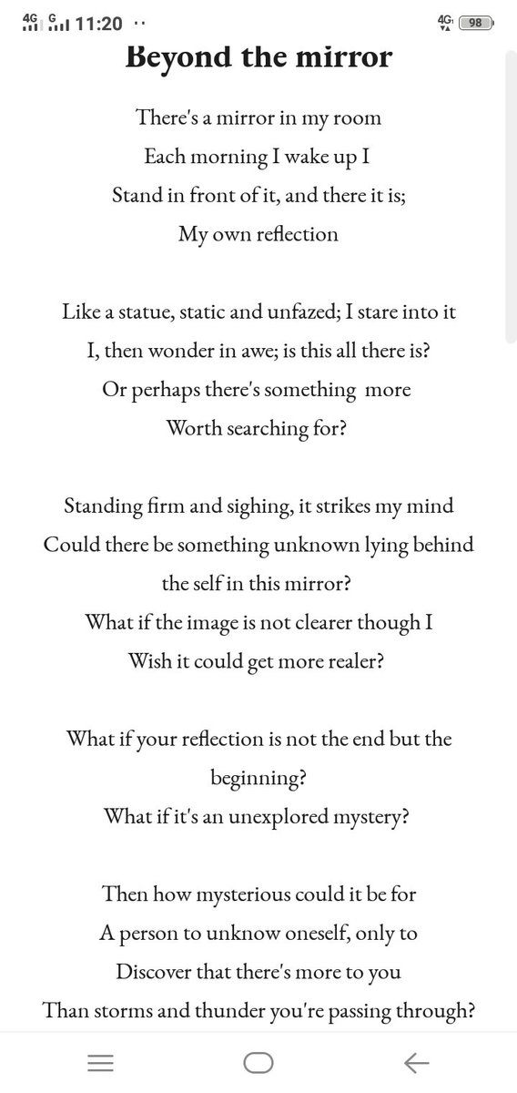 Recently composed this piece. Being a poet, I really find solice in words. I believe poems are a way for me to express my inner thoughts and the wider worldview.