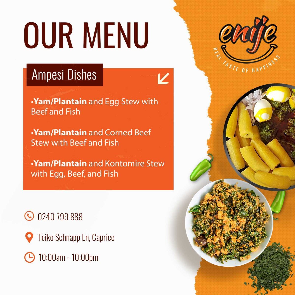 enijerestaurant's tweet photo. Feel the real taste of Ghanaian Ampesi and stew prepared at its best at Enije Restaurant.
Stop by or order from us today!!!
☎024 079 9888
#enije 
#theenijeexperience 
#realtasteofhappiness https://t.co/50wjDQeJJH