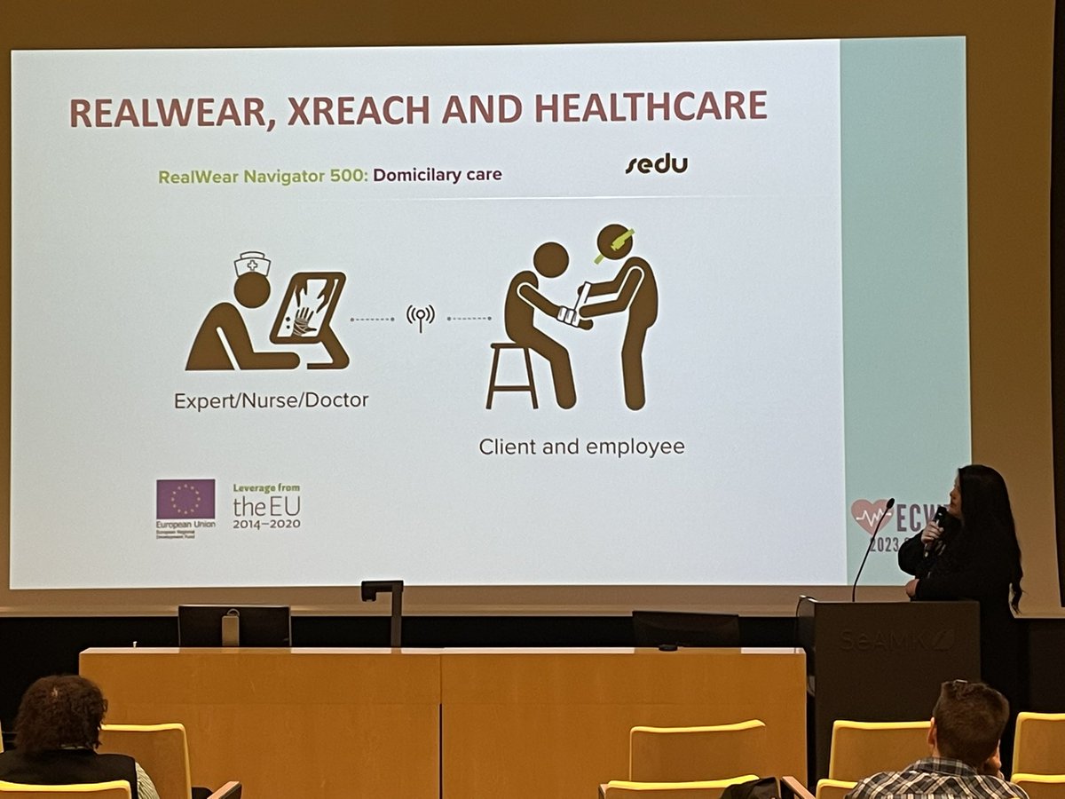 Sedu_fi's tweet photo. One example of the utilization of #WelfareTechnology that is currently being piloted by #healthcare professionals, presented by Hanna Lindberg from the #UUTESoTe project. #ECWT #RealWear #XReach https://t.co/oIcjGGMIQh