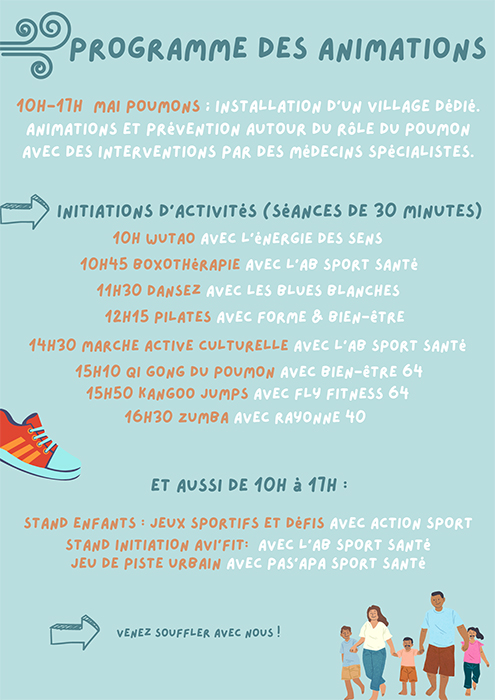 CHCoteBasque's tweet image. Pays Basque #prévention  #Bayonne #poumon 
8 mai: « prévention santé poumon  » du service pneumologie du @CHCoteBasque donne RDV  village« Mai poumons » avec @villedebayonne   @avironofficiel manifestation pour tt savoir sur le poumon et prévenir les  maladies respiratoirers