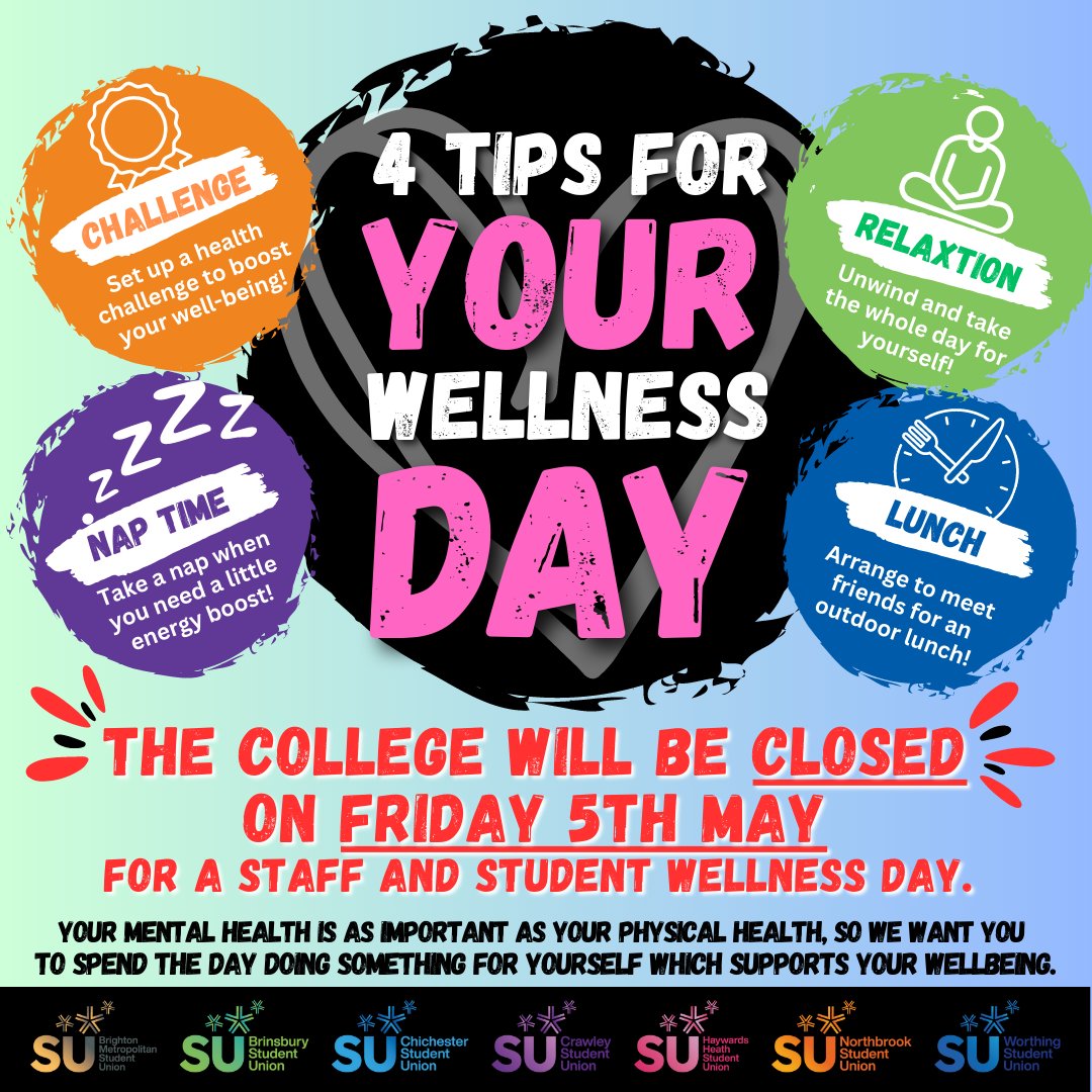 crawley_su's tweet photo. Wellbeing Day! We are closed on Friday 5th for all students and staff! https://t.co/LuGjvMeB9y