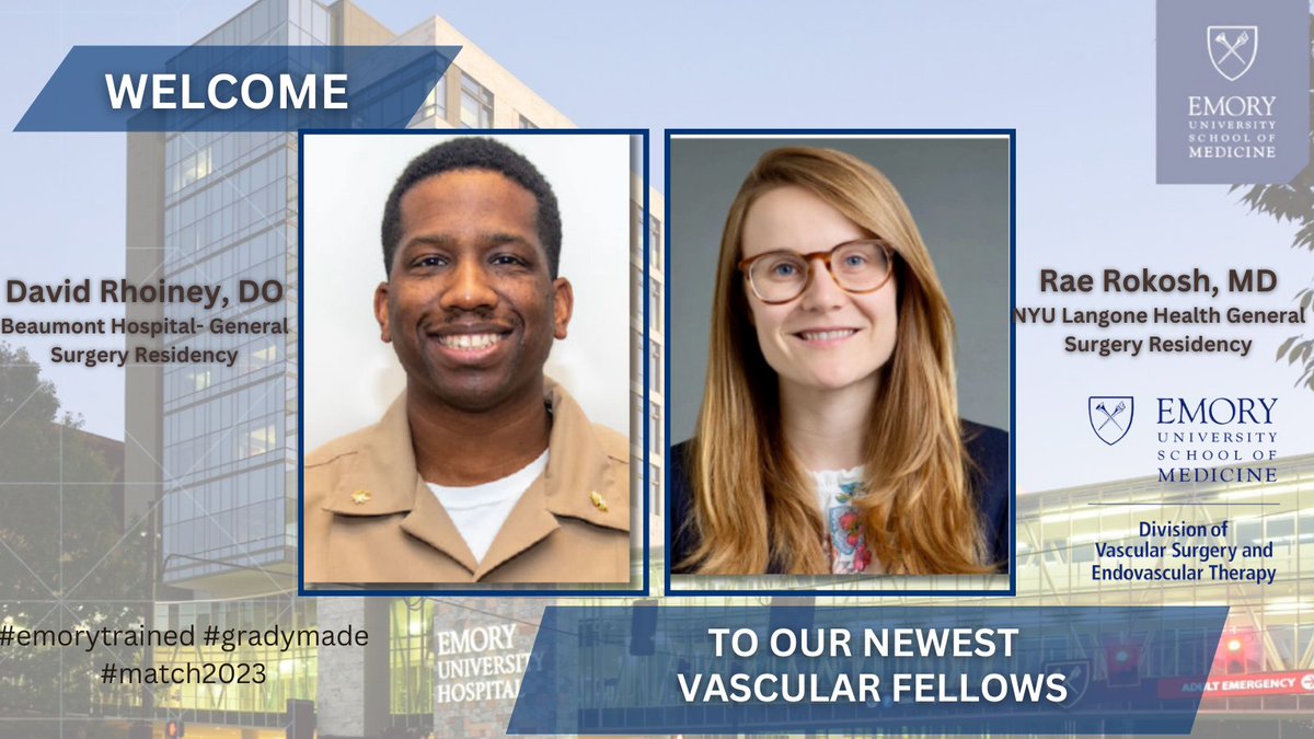 Emory Division of Vascular Surgery (@emoryvascsurg) on Twitter photo Coming soon to the ATL... Dr. David Rhoiney from <a href="/BeaumontHealth/">Beaumont Health</a> and Dr. Rae Rokosh from <a href="/nyulangone/">NYU Langone Health</a>. Welcome to the Emory Vascular Surgery Family! <a href="/FutureVascSurgn/">FutureVascSurgeons</a> #emorytrained #gradymade Coming soon to the ATL... Dr. David Rhoiney from <a href="/BeaumontHealth/">Beaumont Health</a> and Dr. Rae Rokosh from <a href="/nyulangone/">NYU Langone Health</a>. Welcome to the Emory Vascular Surgery Family! <a href="/FutureVascSurgn/">FutureVascSurgeons</a> #emorytrained #gradymade