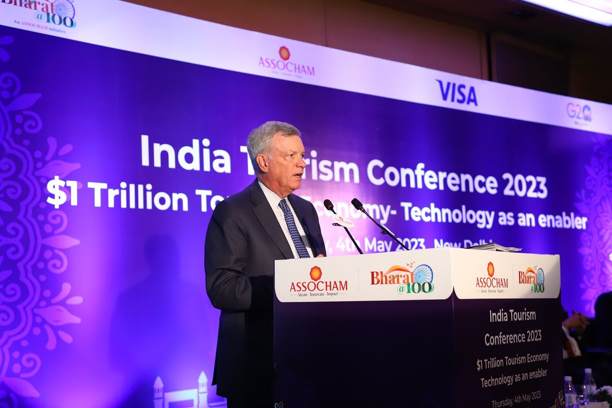 ASSOCHAM4India's tweet photo. The tourism sector drives global economy's recovery, creating 320M jobs &amp; accounting for 10% of global GDP pre-pandemic," says Alfred F. Kelly Jr, Executive Chairman, @Visa India with 6.2M visitors in 2020 outpaced popular destinations. #IndiaTourismConference2023

@g20org https://t.co/KUSpwkXlu9