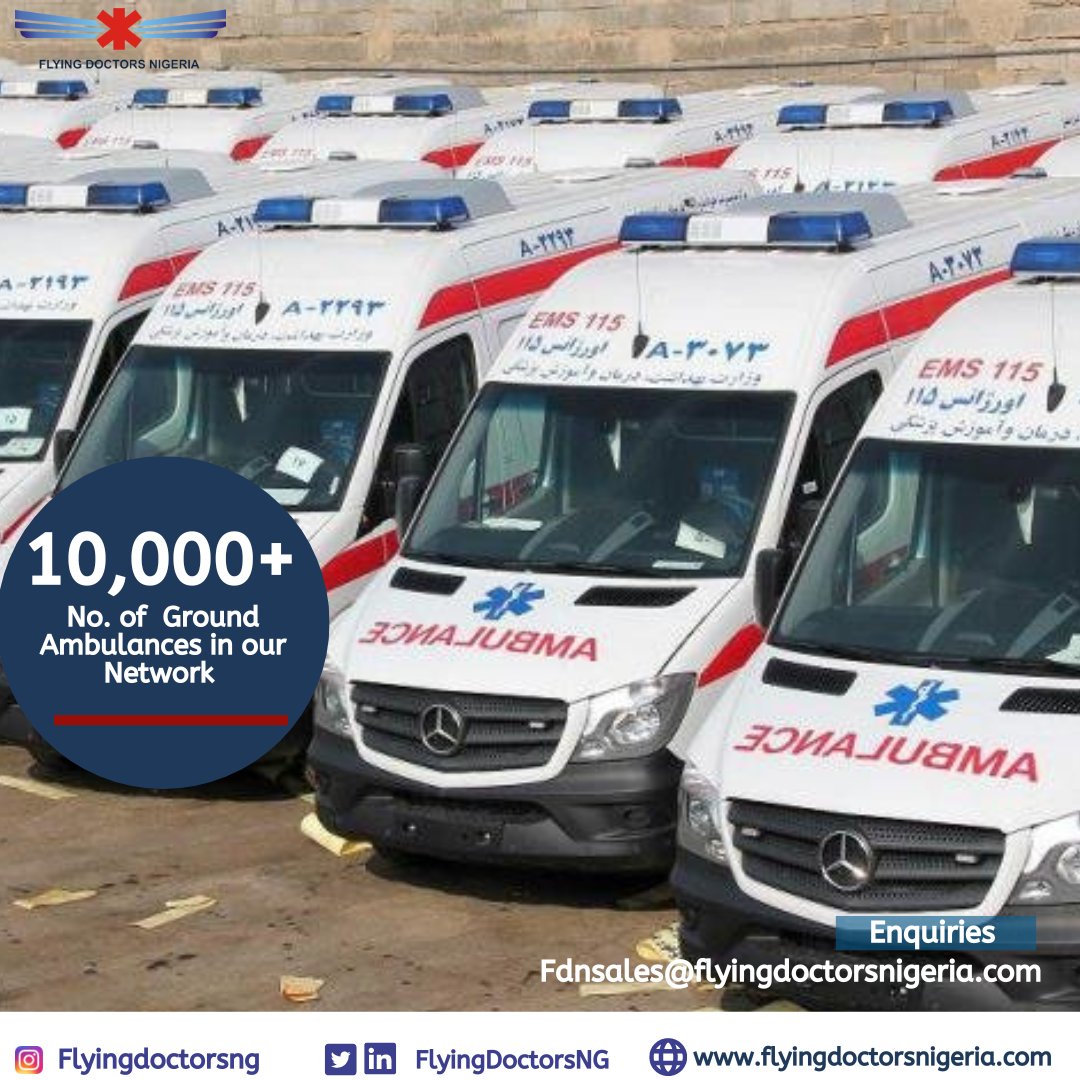 FlyingDoctorsNG's tweet photo. With over 10,000 ground ambulances in our network, we are able to assist with the safe transfer of patients within the shortest possible time. Contact: emergency@flyingdoctorsnigeria.com for enquiries.

#ground #ambulances #network #assit #safe #transfer #patients #medical https://t.co/CIJxYDUIjL