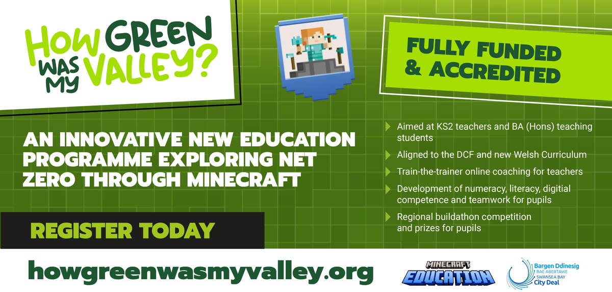 Aspire2Be's tweet photo. Calling all NPT, Swansea, Carmarthenshire and Pembrokeshire schools! 📣

Register FREE today for our new, innovative education programme exploring Net Zero though @Minecraft “How Green Was My Valley”

Fully funded and fully accredited ✅ 

https://t.co/TLsOVlNH5F

@PlayCraftLearn https://t.co/sZ3mPTQy9t