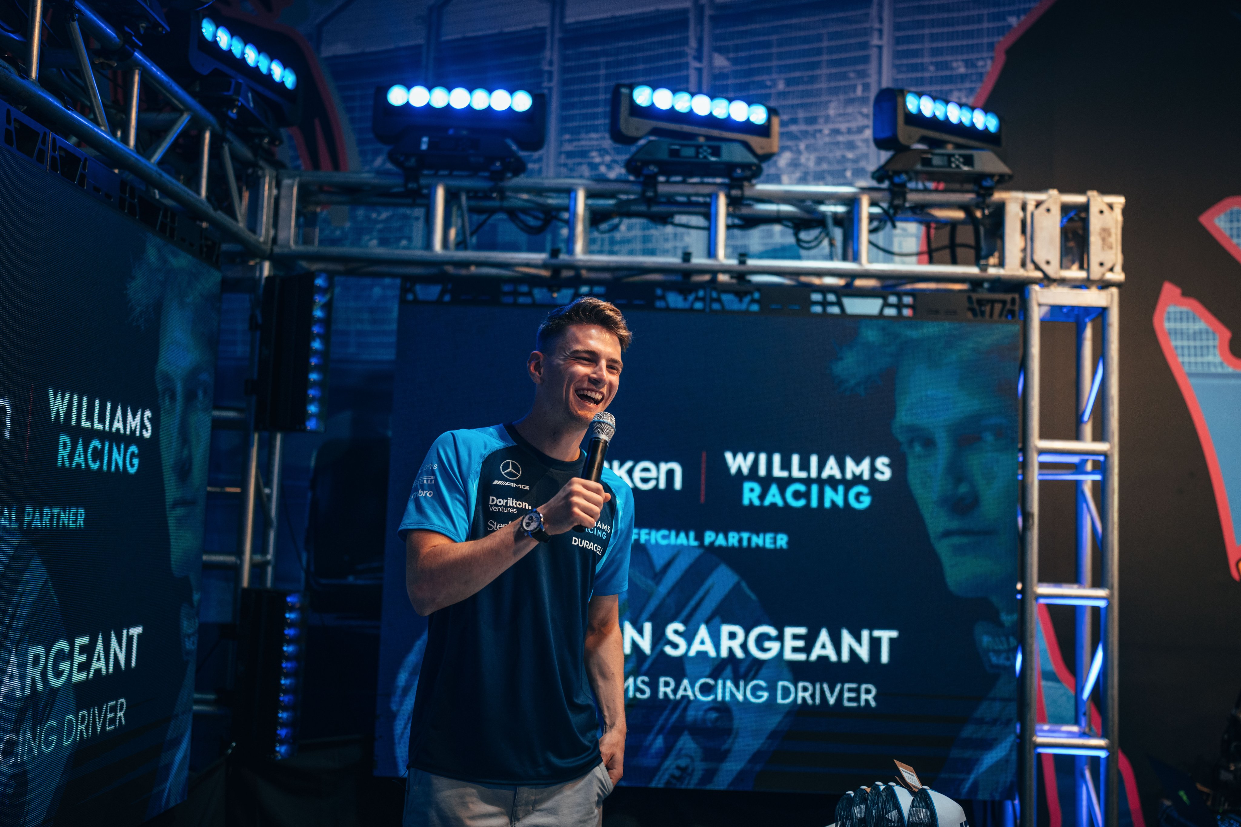 Logan Sargeant at the 2023 Miami Grand Prix 'Williams Pop-Up Shop' (Image Credit: @WilliamsRacing on Twitter)