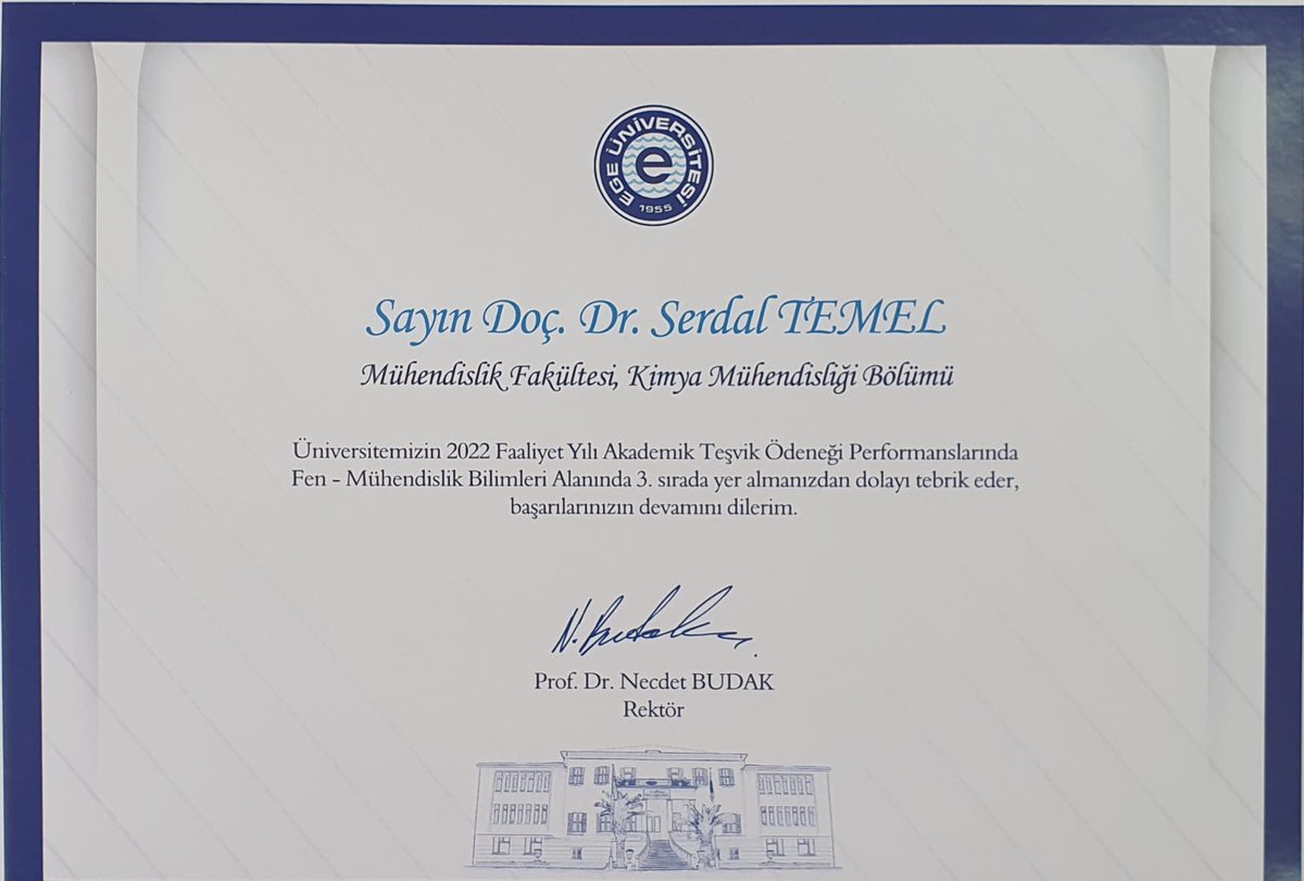 Serdal_Temel's tweet photo. 2022 yılı Akademik Teşvik kapsamında "Fen ve Mühendislik" alanında Üniversitemde 3. olmanın mutluluğu ve gururunu yaşıyorum. Bu başarıyı başta sevgili eşim  Dr. @temel_hulya olmak üzere tüm araştırma ortaklarıma ve ortak yazarlarıma borçluyum. #EgeUniversitesi. https://t.co/thNQcXjFYP