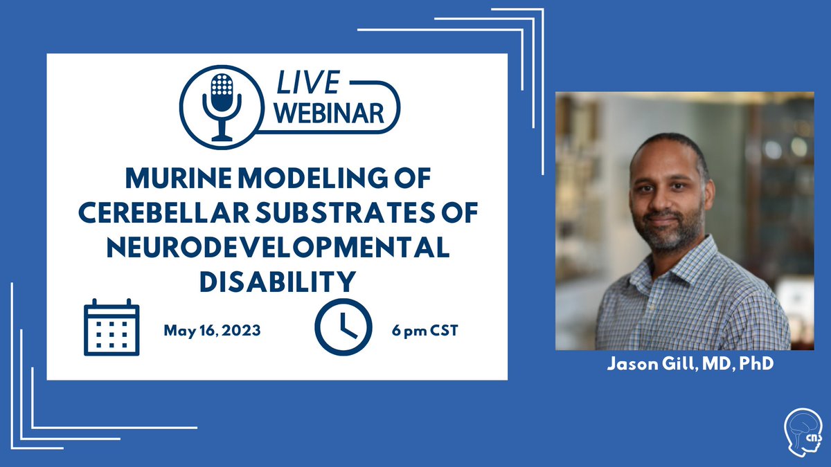 Child Neurology Society (@childneurosoc) on Twitter photo Mark your calendars for our next #webinar with <a href="/jasonsgill/">Jason Gill</a> from <a href="/TexasChildrens/">Texas Children's</a> organized by the CNS #research committee. Dr. Gill will talk about the role of cerebellar dysfunction in neurodevelopmental disability
Register: ow.ly/nLeh50Of81Z Mark your calendars for our next #webinar with <a href="/jasonsgill/">Jason Gill</a> from <a href="/TexasChildrens/">Texas Children's</a> organized by the CNS #research committee. Dr. Gill will talk about the role of cerebellar dysfunction in neurodevelopmental disability
Register: ow.ly/nLeh50Of81Z