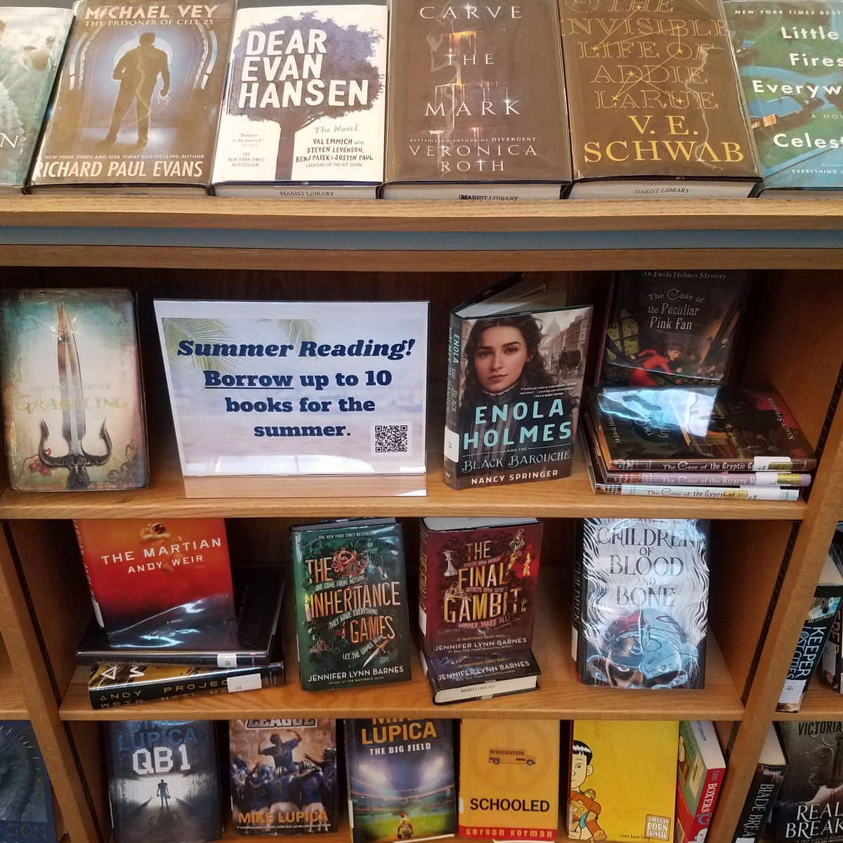 The Marist Library is trying something new this year: Summer Checkout! You can borrow up to 10 books over the summer, and we've got something for everyone <a href="/maristschool/">Marist School</a> . Come see the fantastic books Ms. Williams has put on display and take a few home <a href="/maristfam/">Marist Fam</a> .