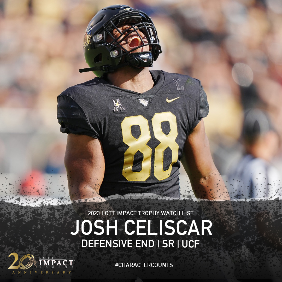 DE @CeliscarJoshua has 104 career tackles, 20.5 tackles for loss, eight sacks, and five forced fumbles for @UCF_Football while also making the Dean’s List and the AAC All-Academic team. #CharacterCounts