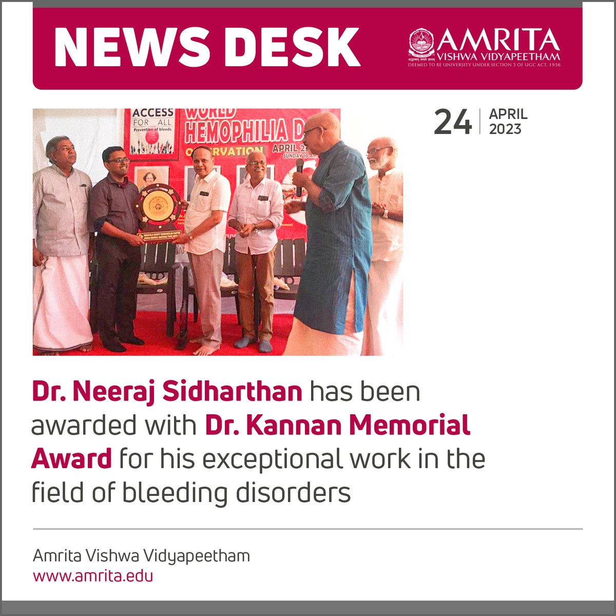 Our Amrita School of Medicine's Dr. Neeraj Sidharthan, has been awarded with Dr. Kannan Memorial Award for his exceptional work in the field of bleeding disorders.
Congrats Dr. Neeraj! 
#Amrita #AmritaUniversity #Medicine #BleedingDisorder #AmritaHospital #EmbraceGoodHealth