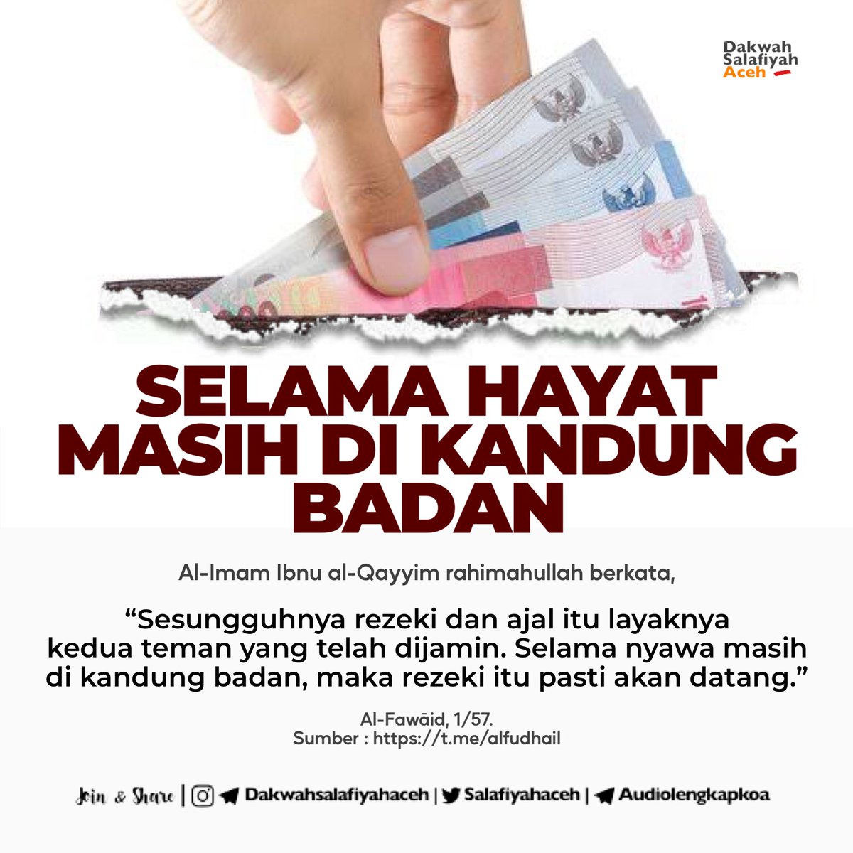 salafiyahaceh's tweet photo. SELAMA HAYAT MASIH DI KANDUNG BADAN
JOIN & SHARE :
Telegram : https://t.co/kUXTdQjvcR
Instagram : https://t.co/vzisCN4mMO
Twitter : https://t.co/bKk06n0M4M
Telegram Audio Kajian Online Aceh: https://t.co/uH2igf7ttz
#nasihat #rezki https://t.co/FSkG1fGURJ