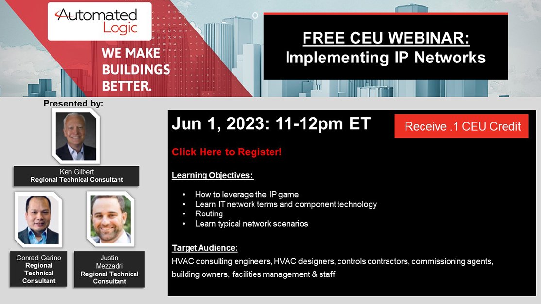 Join us for this free webinar to learn more about Implementing IP Networks and earn .1 CEU credit.
 
𝗗𝗮𝘁𝗲: June 1, 2023
𝗧𝗶𝗺𝗲: 11am ET

Click here to register: bit.ly/3LVAYAr
 
#ceus #fdd #WeMakeBuildingsBetter