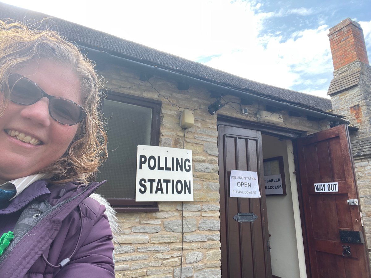 Hannah Robson's smile welcoming voters to Cleeve Prior.   Re elect Hannah and elect Judith Ciotti, your very hard working Green candidates, come vote