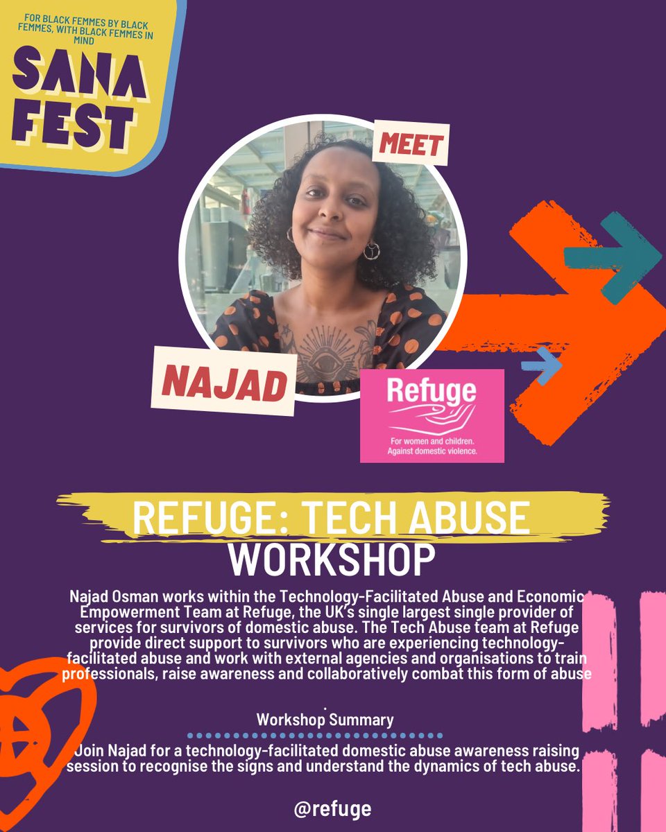 We will have @RefugeCharity in the house, where Najad will be educating us on technology-facilitated abuse, what it is and how it affects Black femmes!

eventbrite.co.uk/e/sana-festiva…

#technicalabuse #techabuse #tech #technology #technologyfacilitatedabuse