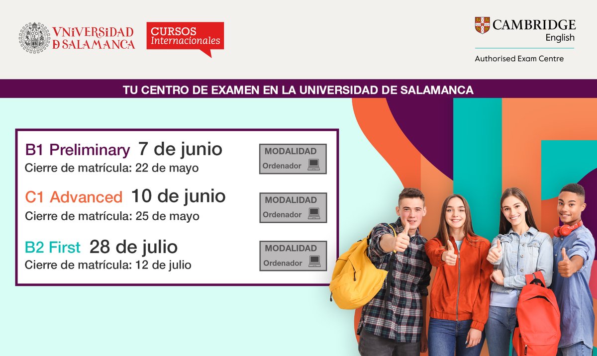 ➡ Estas son las convocatorias de junio y julio de Cambridge Qualifications @CambridgeEngSP @ciusalexams  @usal @CursosInt_USAL ⬇⬇
¡Apúntate ahora para conseguir tu #certificado!
#ingles #certificadodeingles #cambridge #cambridgeexams #cambridgeenglish #usal