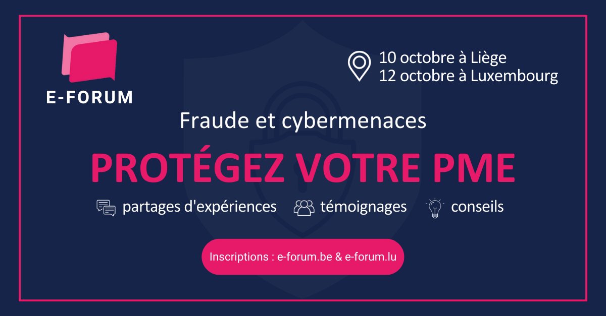 #SaveTheDate 
Le prochain <a href="/eforum_event/">E-FORUM</a> aura lieu:
- 10/10 à Liège 🇧🇪
- 12/10 à <a href="/ccluxembourg/">Chambre de Commerce du Luxembourg</a> 🇱🇺

Découvrez lors de ce congrès des stratégies efficaces pour anticiper et combattre la fraude en ligne, la fraude au paiement et d’autres cybermenaces e-forum.be