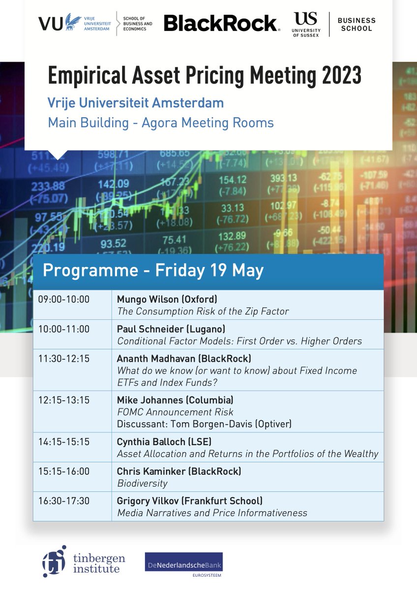 Norman J. Seeger (@normanseeger) on Twitter photo Dear Finance Colleagues,
I am inviting you to the Empirical Asset Pricing Meeting with a twist <a href="/VU_SBE/">VU School of Business and Economics (inactief)</a>, Friday, May 19: High-level academic researchers and industry professionals meet to exchange and source ideas, and connect. In person or online. See eap-meeting.com Dear Finance Colleagues,
I am inviting you to the Empirical Asset Pricing Meeting with a twist <a href="/VU_SBE/">VU School of Business and Economics (inactief)</a>, Friday, May 19: High-level academic researchers and industry professionals meet to exchange and source ideas, and connect. In person or online. See eap-meeting.com