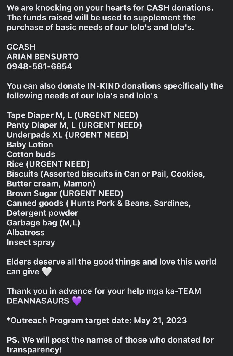 BAWAT DONASYON, MAHALAGA 🤗 

Team Deannasaurs will once again conduct an Outreach Program whose purpose is to extend help and give joy to our grandparents who are in the care of Anawim Lay Missions Foundation, Inc., Home for the abandoned elderly.