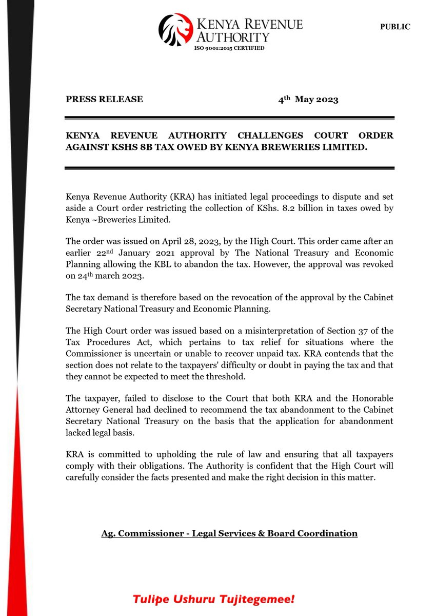 KRACorporate's tweet photo. #KRAUpdates
Kenya Revenue Authority challenges court order against Ksh 8B tax owed by Kenya Breweries Limited https://t.co/fgjqFivuBG
