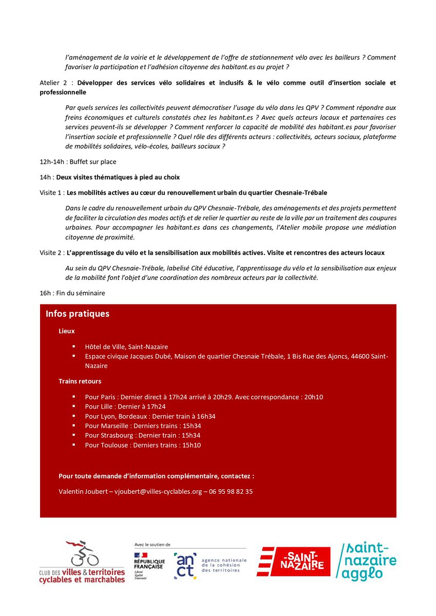 📅 Le 26 et 27 juin prochain, le Club organise un séminaire en partenariat avec <a href="/VilleStNazaire/">Saint-Nazaire</a> et avec le soutien de <a href="/ANCTerritoires/">Agence nationale de la cohésion des territoires</a> pour accompagner la parution du guide "A pied et à vélo dans les quartiers prioritaires".

👉 Le lien d'inscription : helloasso.com/associations/c…