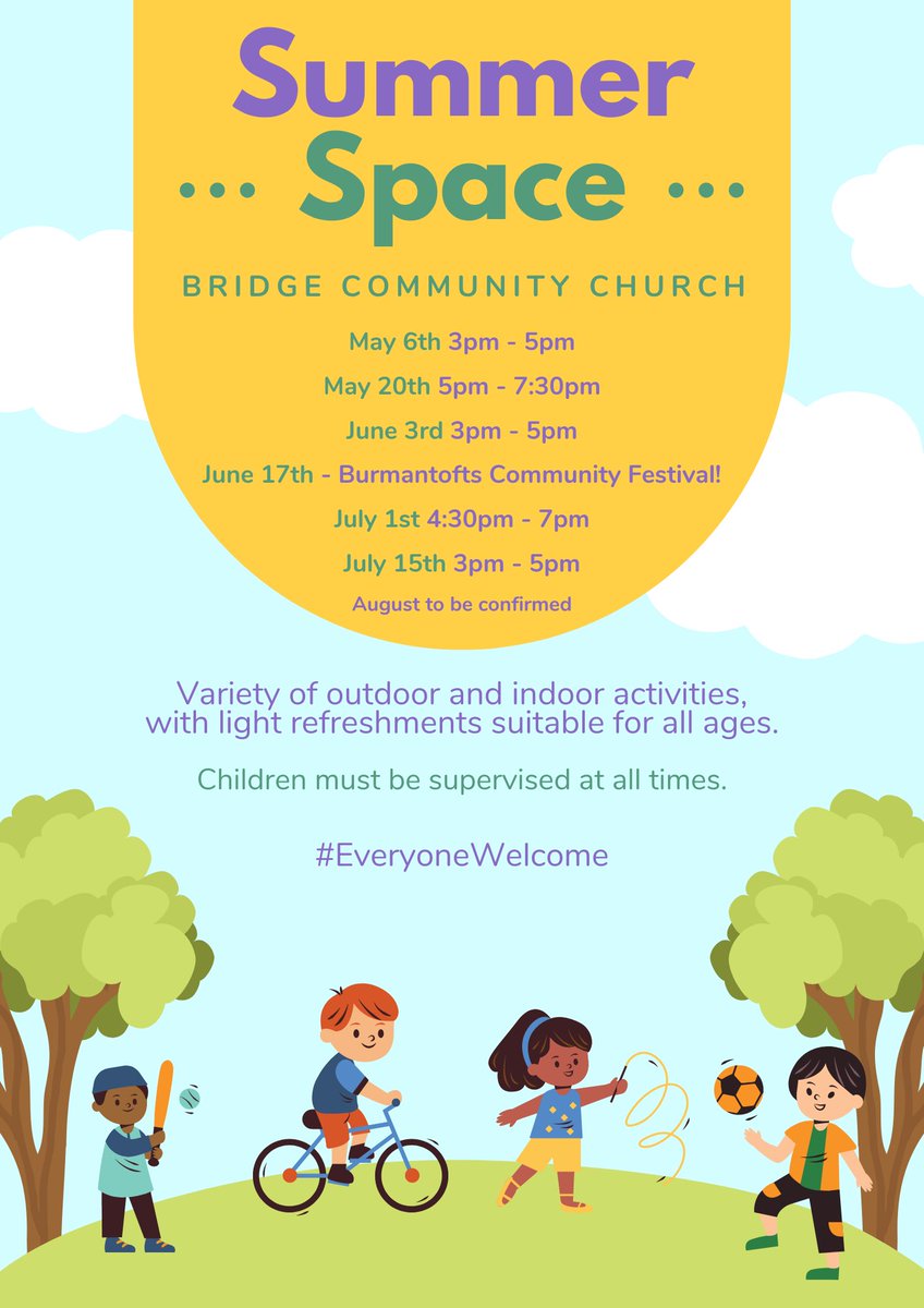 BCCLeeds's tweet photo. ☀️Summer Space☀️
Following on from Warm Space we are having our first #SummerSpace this coming Saturday afternoon! 🙌
A free afternoon of football, indoors and outdoors games and crafts ⚽️ 🏀
It's every 2 weeks - see flyer for dates and times 😄
#CoronationWeekend https://t.co/CpxI20vbfQ