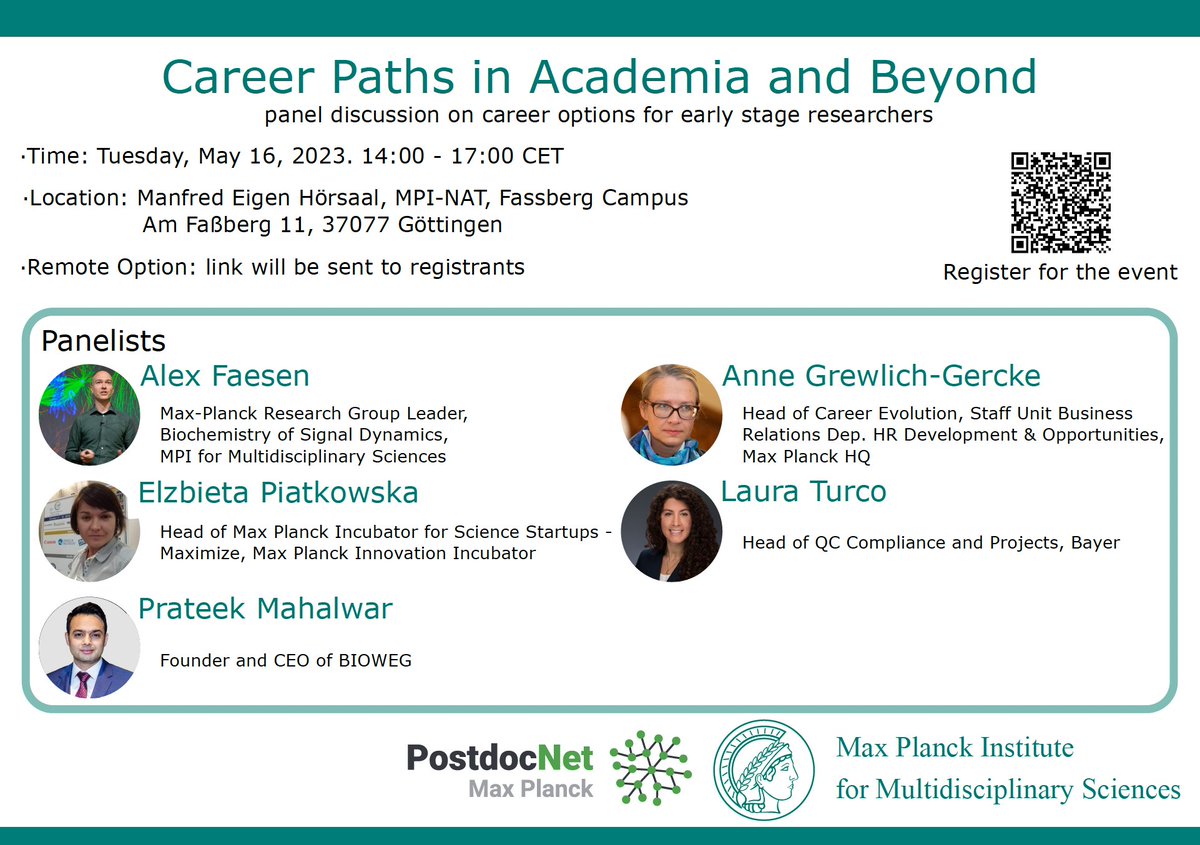 MPGpostdocnet's tweet photo. Exciting event coming up! Tune in to our panel discussion on Career Paths in Academia and Beyond. 5 panelists will share their insights on pursuing academic careers and exploring non-academic options. May 16th, register online👇  #PostdocNet #CareerDevelopment #Academia #Beyond https://t.co/4lk5YpEG6N